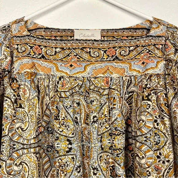 Cleobella Medium Teagan Paisley Kaleidoscope Puff-Sleeve Tan Quilted Blouse Top - Picture 3 of 7